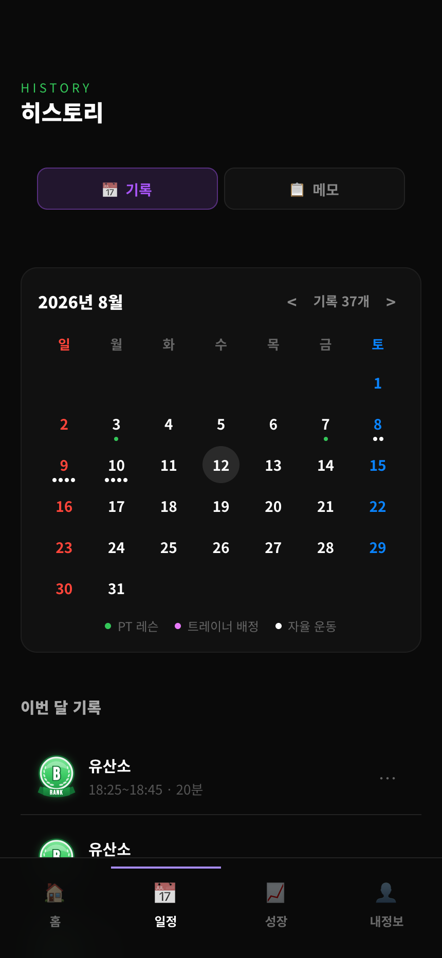 운동 기록 달력 화면